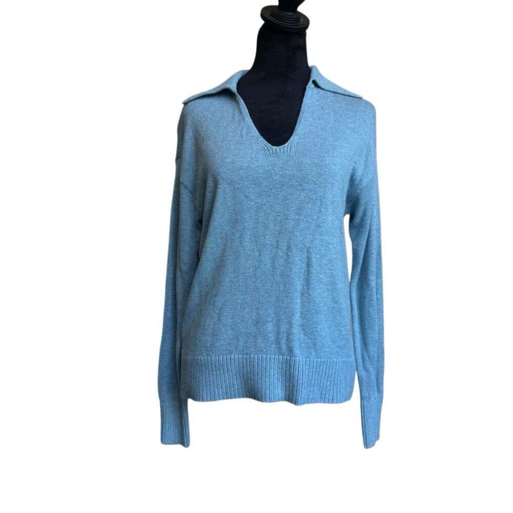 LOFT Outlet XS Blue Collared Split Neck Knit Sweater Soft Lightweight Pullover